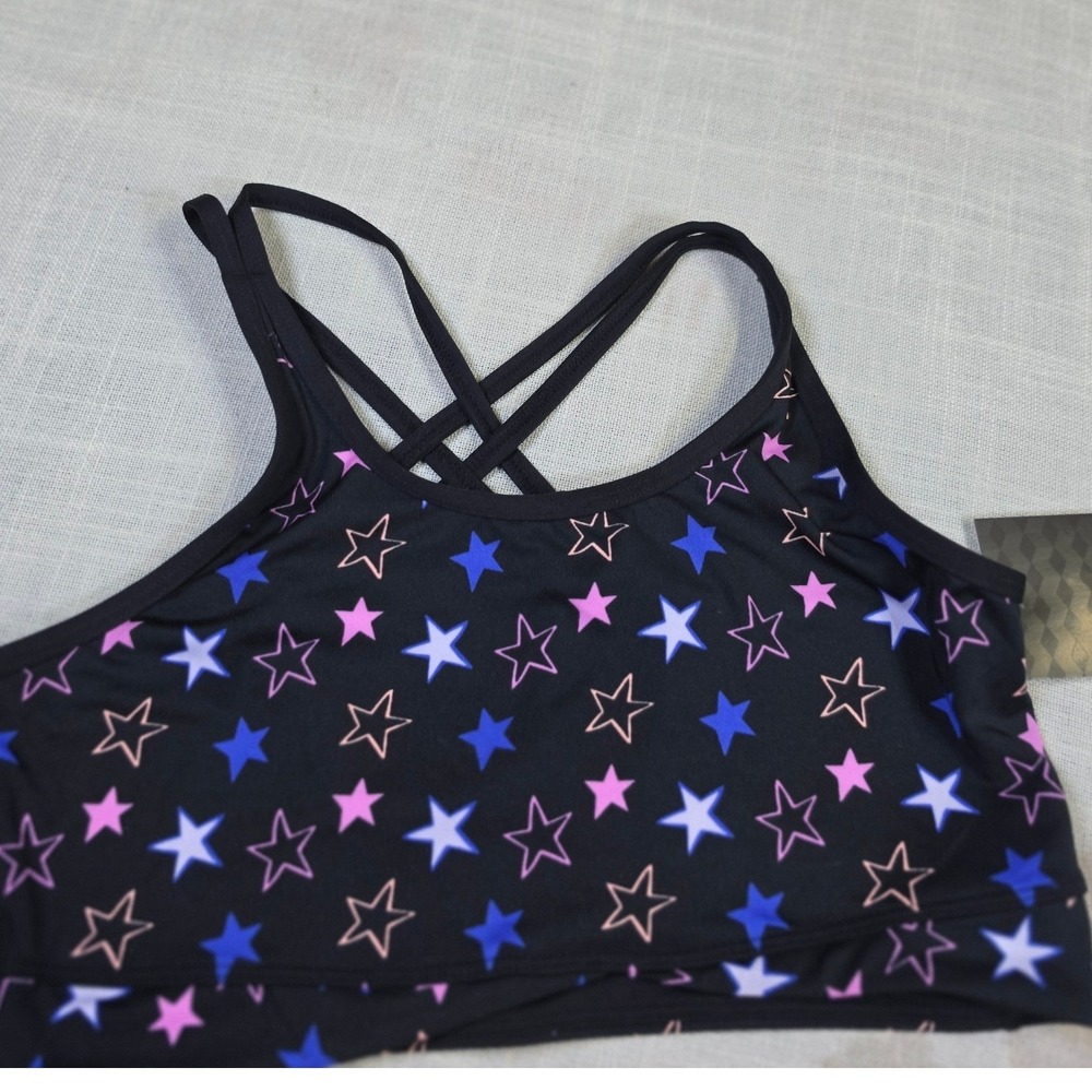 Athletic Works Star Print Crossover Strappyback Sports Bra Black XL NWT